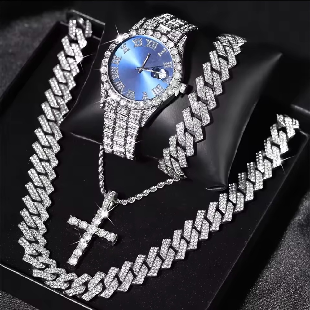 Silver and Blue Watch with Matching Jewelry Set